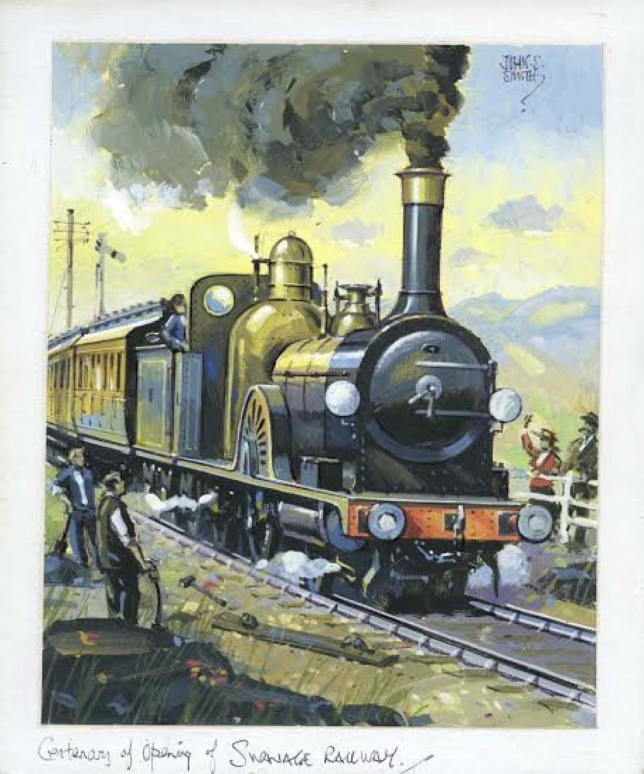 John Smith Swanage Railway Train Illustration Art: A nice gouache painting by John S Smith, titled, "Centenary of Opening of Swanage Railway" a colorful depiction of a steam locomotive pulling in, with passengers on one side and workers with shovel in
