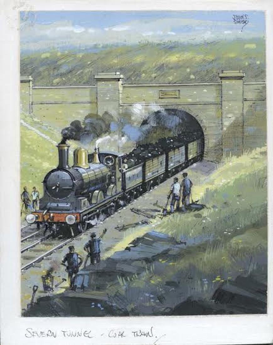 John Smith Severn Tunnel Coal Train Illustration Art: This is the Signed original Gouache painting by John S Smith, titled, "Severn Tunnel Coal Train" colorful depiction of coal locomotive passing through the tunnel and would make an impressive gift or a
