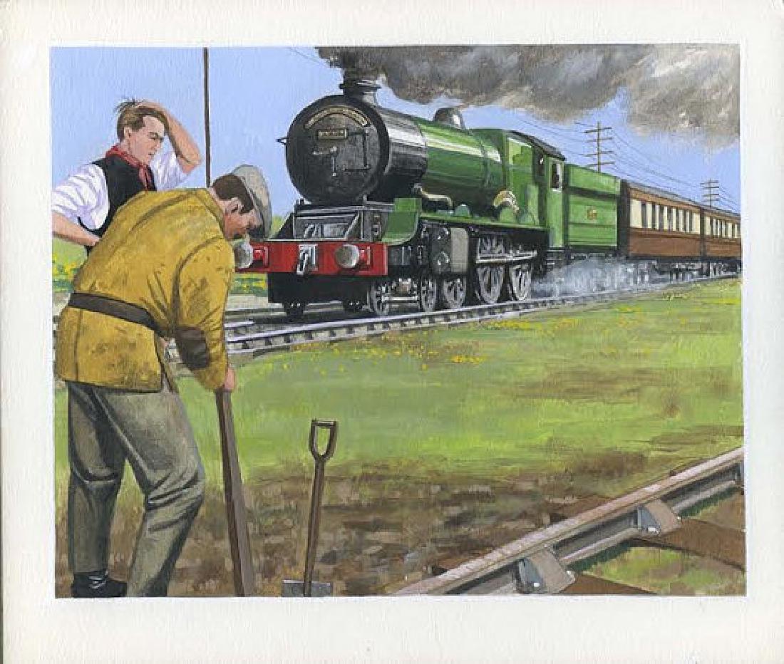 John Smith Steam Locomotive Train Engine Illustration: WPA Style Gouache painting by John S Smith, colorful depiction of a Steam Locomotive charging past as workers toil in the foreground and would make an impressive gift or addition to any fine collectio