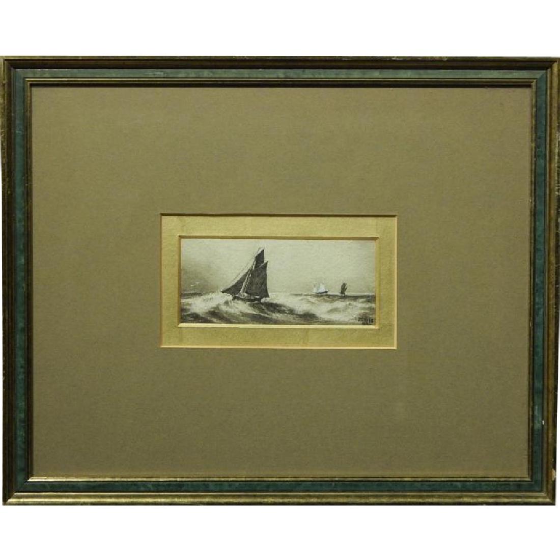 JT Hogg: Sail Boats, 1882 Marine Watercolor: JT Hogg: 1882 Marine Watercolor of Sail Boats, rendered in monochromatic greys with white gouache additions. Image size is 2 1/8"" x 5"", frame size is 11.5""x14""