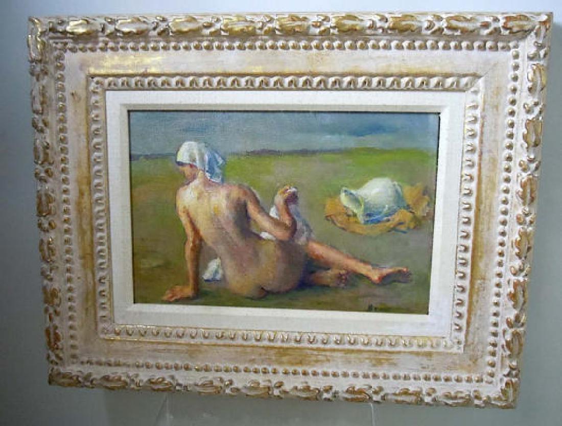 Robert Brackman Reclining Nude On Beach Oil on Canvas: Robert Brackman Reclining Nude On Beach Oil on Canvas Board Painting with Grand Central Art Gallery Label Ukraine Russian American, with a distinct impressionistic style and rich use or color and supp