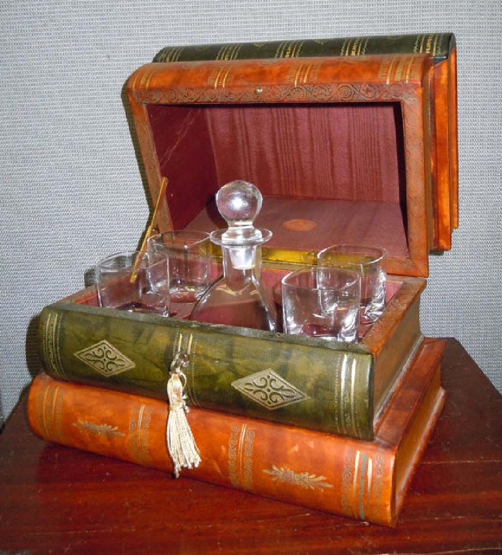 Antique Leather Bound Book Liquor Tantalus Box Decanter: Fabulous vintage Italian "antique leather-bound books" liquor Tantalus, cave a'liqueur box with gold embossed 'bindings', by Fratelli Peroni of Firenze Tuscany Italy with the original pyramidal decant