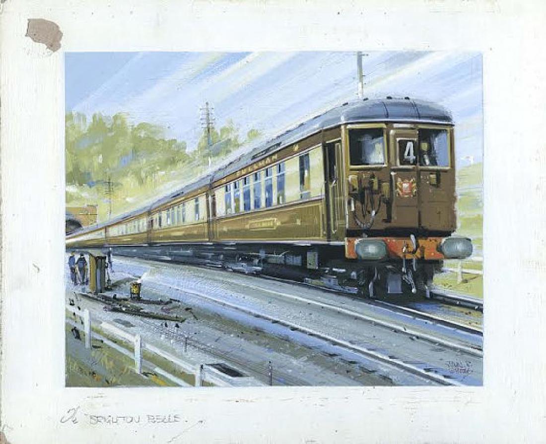 John Smith Brighton Belle Train Illustration Art: WPA Style Gouache painting by John S Smith, titled, "Brighton Belle" a colorful depiction of a Pullman Locomotive charging past and would make an impressive gift or addition to any fine collection. Th