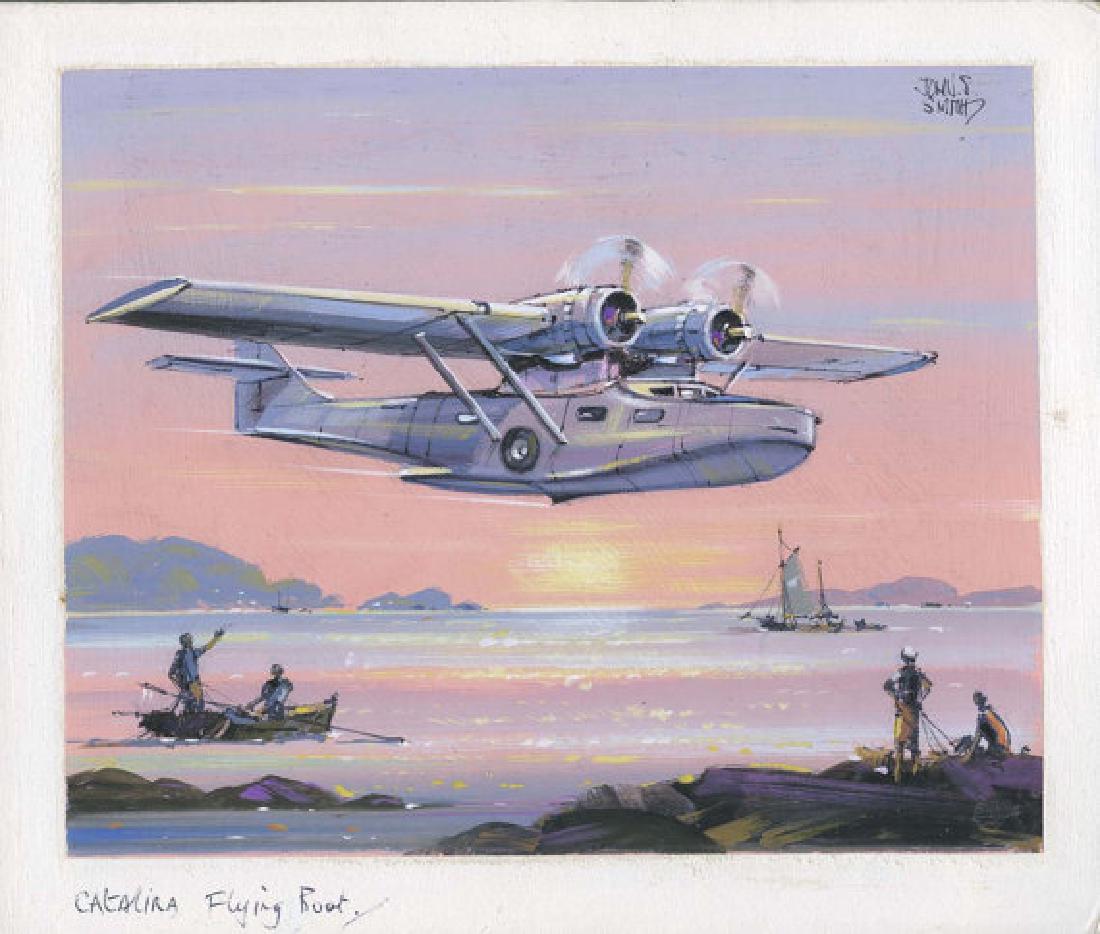 John Smith Catalina Flying Boat Illustration Art: This is the Signed original Gouache painting by John S Smith, titled, "Catalina Flying Boat" colorful depiction of a Catalina flying low near the coast line at dusk and would make an impressive gift o