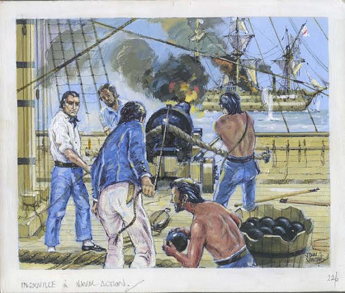 John Smith Ingouville In Naval Action Illustration Art: This is the Signed original Gouache painting by John S Smith, Titled, "Ingouville In Naval Action" colorful depiction of a pair of broadsides exchanging cannon fire at sea and would make an impressive