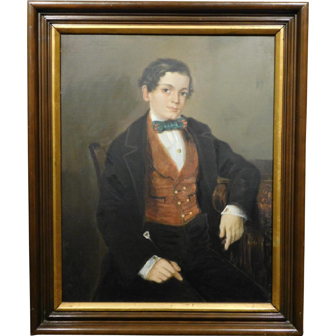 c1890 Portrait, Boy with Bow Tie & Cane, oil on canvas (1 of 9)