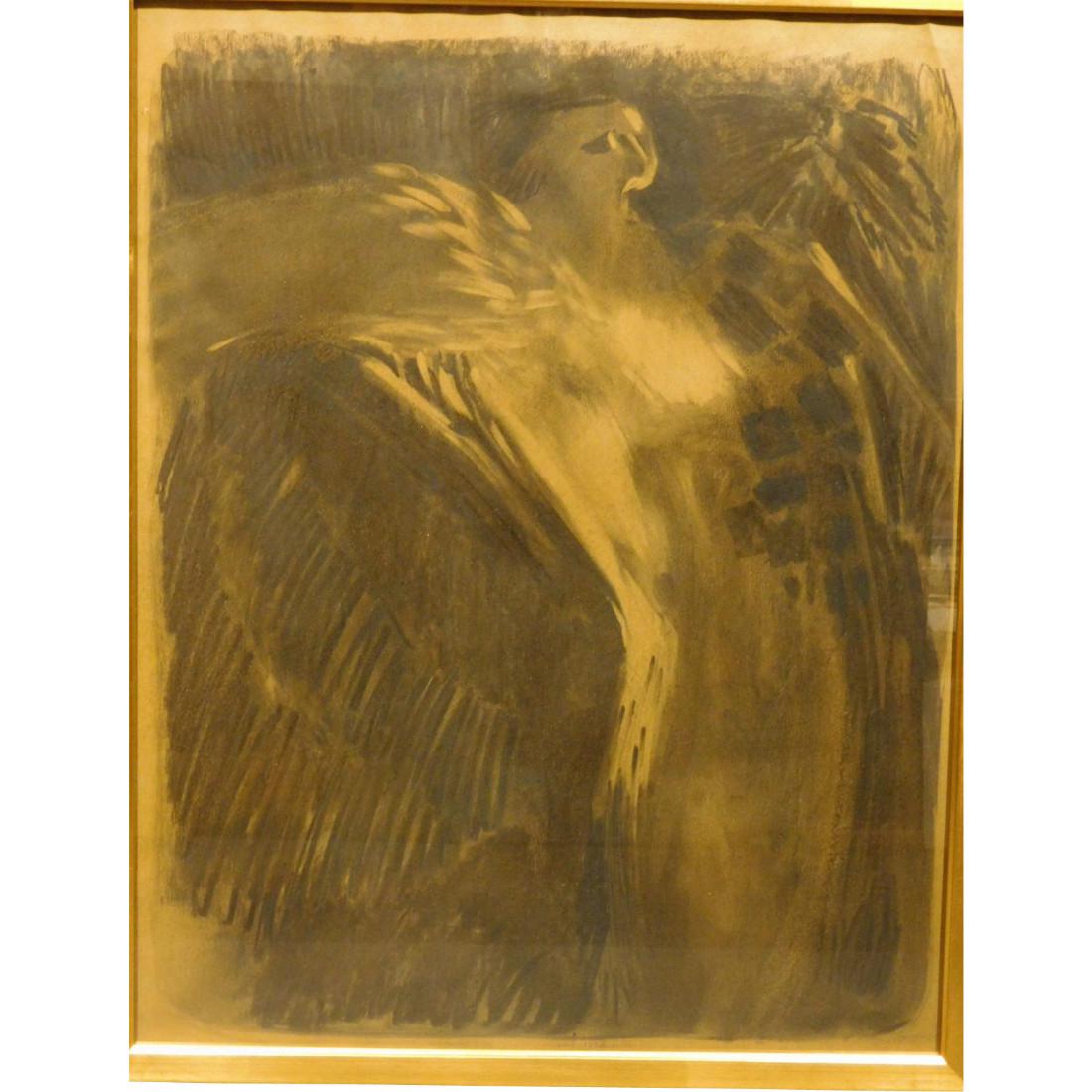 John Thompson, Legendary Figure, charcoal drawing: John Thompson (1933-2005), Legendary Figure, c.1965, signed and identified on the back by an old label. Charcoal drawing on brown paper. Presented in a new frame, size 27.5x22 inches.