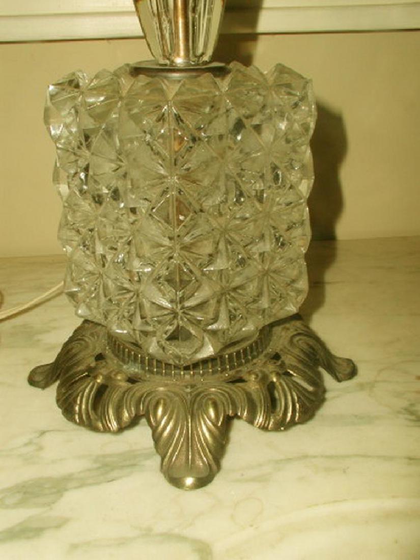 Crystal Brass Lamp New Silk Shade Rewired Early 1900's: Gorgeous early 1900's crystal and brass table lamp with new silk shade mid buff tone from Lake Shore Shades. Has small matching trim top and bottom with a semi-circular concave arch in the styling at