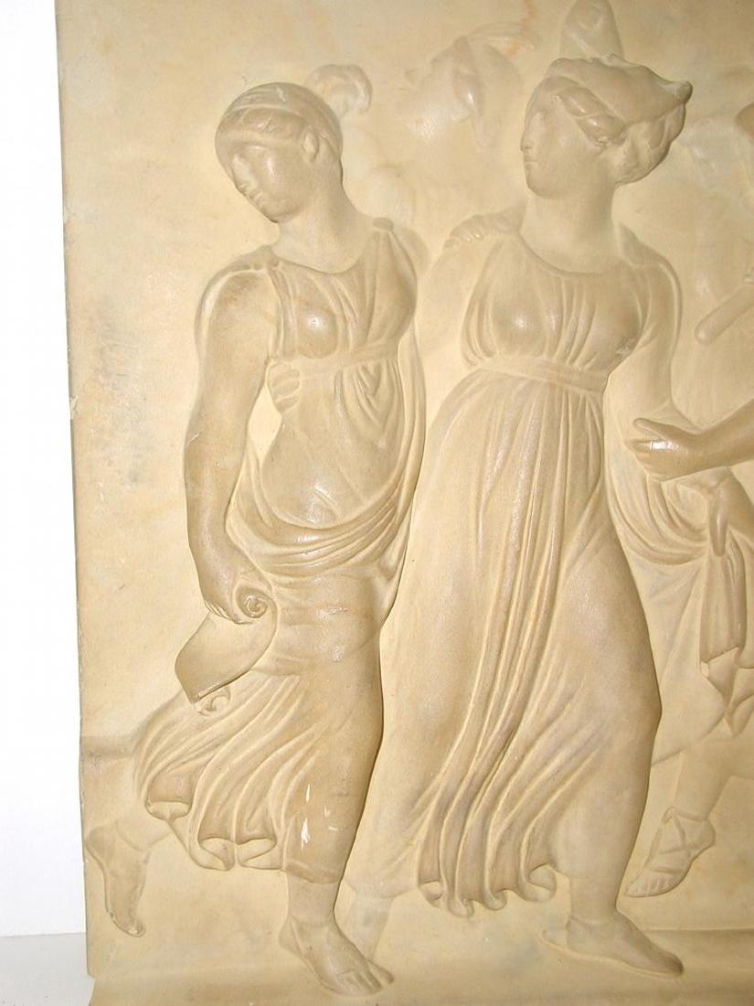 Neoclassical Roman Plaque Plaster Wall Hanging: Neoclassical Roman plaster wall plaque of a maiden group. The three front row women featured in high relief plaster. All dressed in the long robes,sandals and up-swept hair of the day. The recessed ba