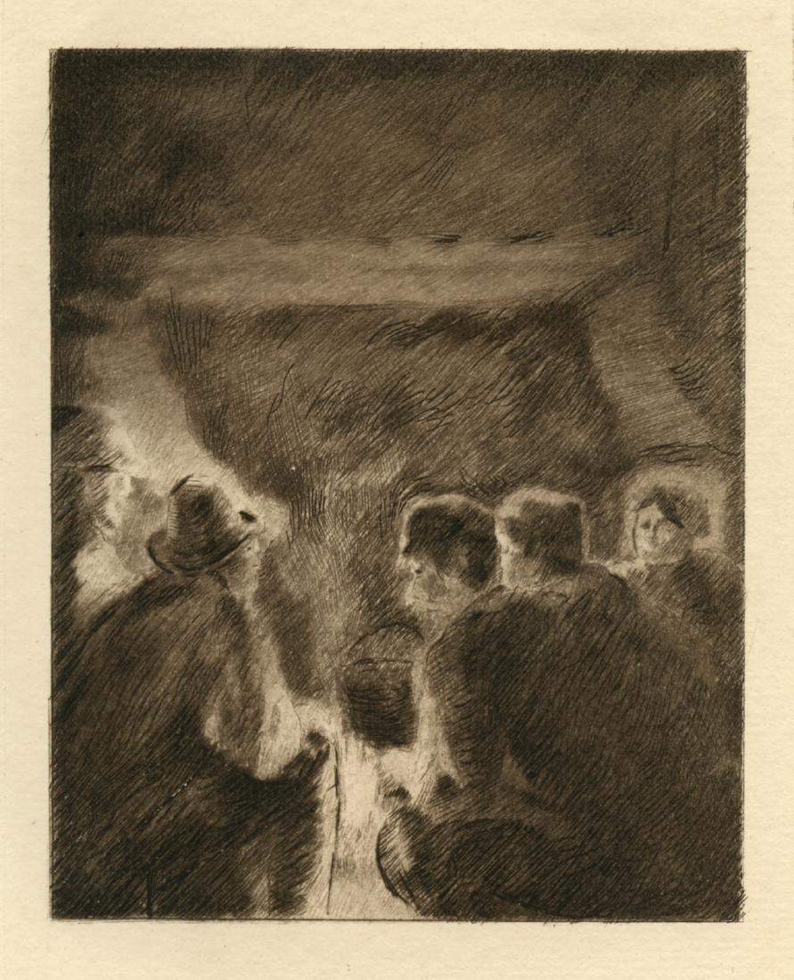 Camille Pissarro etching "La veillee": Medium: etching (after the painting). This beautiful piece was etched by Auguste Lauzet after Camille Pissarro, and published in Paris in 1892 by Chamerot et Renouard, for the very rare volume "L'Art