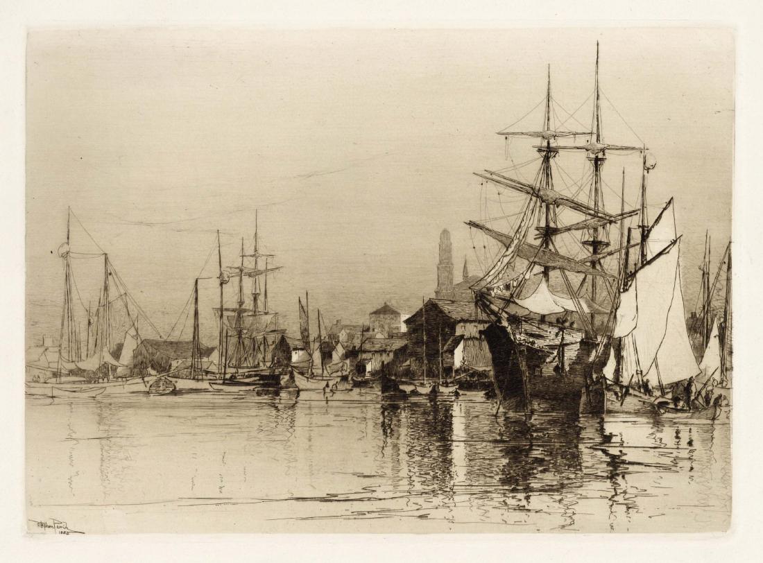 Stephen Parrish original etching "Inner Harbor: Medium: original etching. This magnificent Stephen Parrish etching was executed in 1883; this is a rich, dark impression on heavy cream wove paper, from the "Original Etchings by American Artists" por