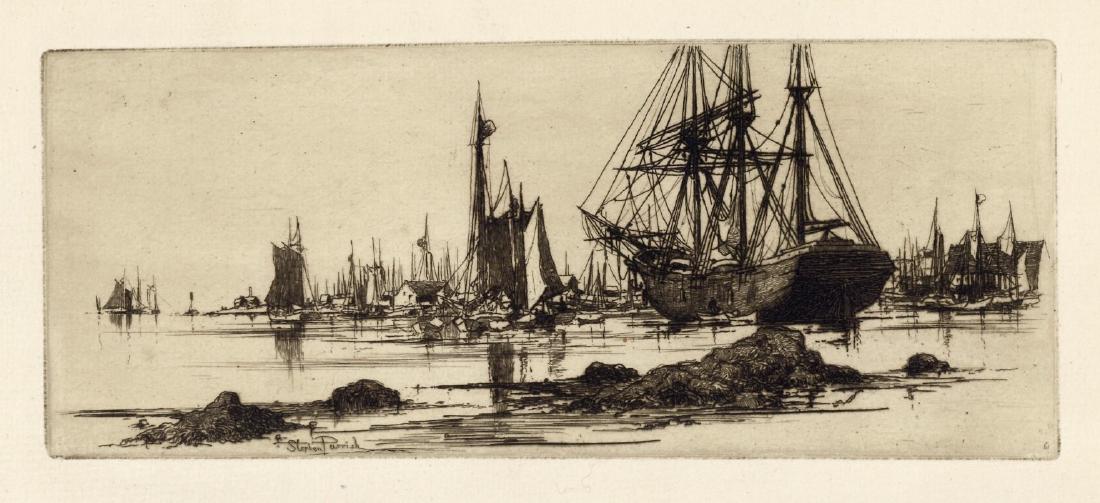 Stephen Parrish original etching "In Port": Medium: original etching. Catalogue reference: Schneider 61. Executed in 1881; this is a beautiful impression with plate tone and full original margins on watermarked laid paper from "The Portfolio" e