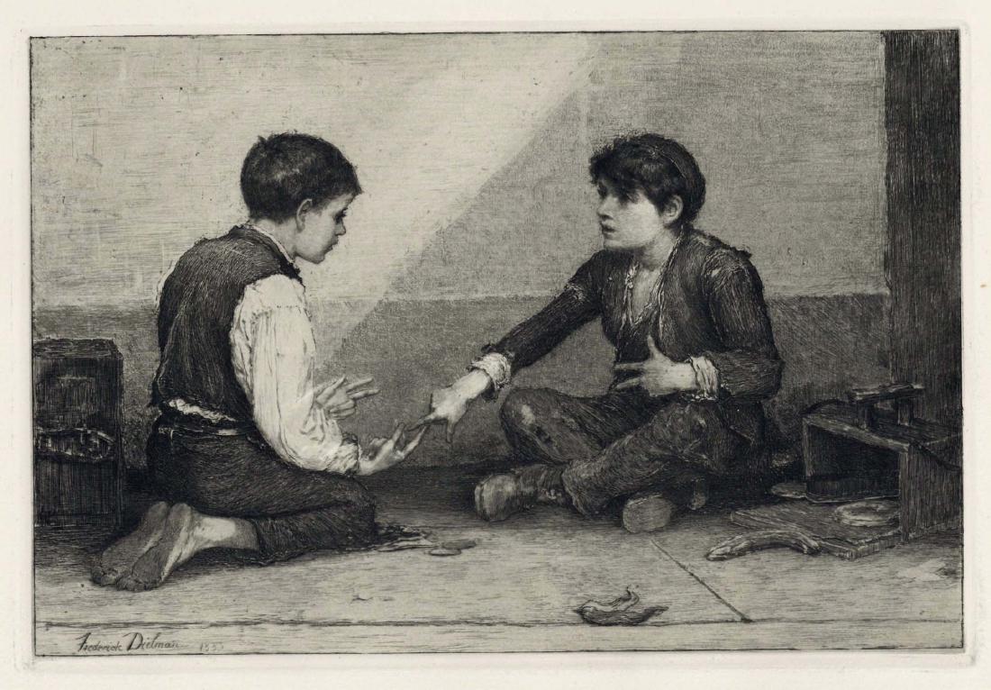 Frederick Dielman original etching "The Mora Players": Medium: original etching. Executed in 1883; this is a rich, dark impression on heavy cream wove paper, from the "Original Etchings by American Artists" portfolio, published in 1883 by Cassell and Comp