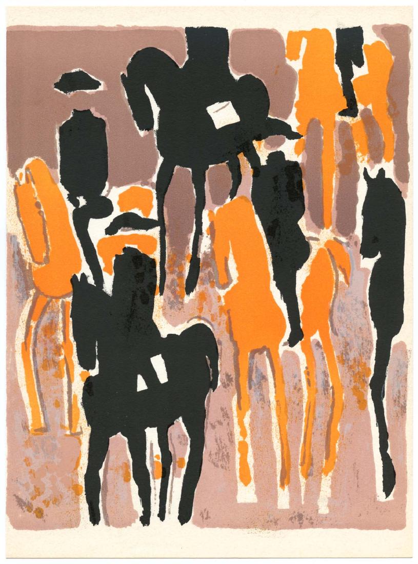 Andre Brasilier original lithograph "Le Cadre noir": Medium: original lithograph. Printed in Paris in 1964 by Mourlot FrÃ¨res and issued in a limited edition of 2000 on Arches wove paper. Sheet size: 10 x 7 1/2 inches (255 x 188 mm). Not signed. This