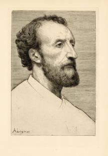 Alphonse Legros original etching "Jules Dalou": Medium: original etching. Executed in 1877; this is a good impression with full original margins on laid paper from "The Portfolio" edition, published in London by Seeley, Jackson & Halliday and