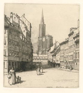 Herman Armour Webster original etching "La place de: Medium: original etching. Published in Paris in 1920 for Gazette des Beaux-Arts. This is a fine impression on laid paper. Plate size: 6 1/2 x 5 7/8 inches (165 x 149 mm). Signed by Herman Armour Webst