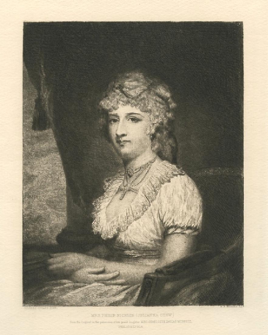Stephen J. Ferris | Gilbert Stuart etching "Mrs: Medium: etching. Etched by Stephen J. Ferris after the Gilbert Stuart painting. Printed on cream laid paper and published in Boston in 1888 by Estes & Lauriat. Image size: 7 1/4 x 5 5/8 inches. A rich
