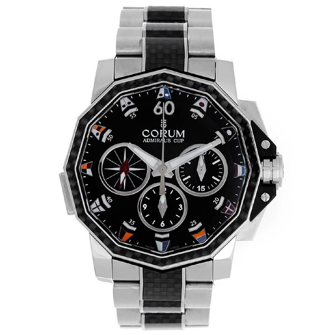 Corum Stainless Steel Admiral's Cup Challenge Automatic: Automatic winding; 31 jewels; Rattrapante split seconds chronograph. Stainless steel case with carbon fiber bezel (44mm diameter). Black dial with luminous style markers and colored nautical flags aro