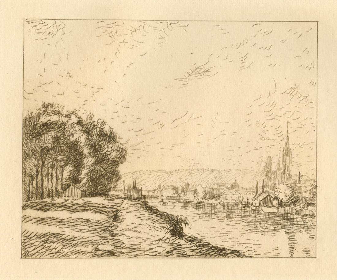 Camille Pissarro etching "Vue de Rouen": Medium: etching (after the painting). This beautiful piece was etched by Auguste Lauzet after Camille Pissarro, and published in Paris in 1892 by Chamerot et Renouard, for the very rare volume "L'Art