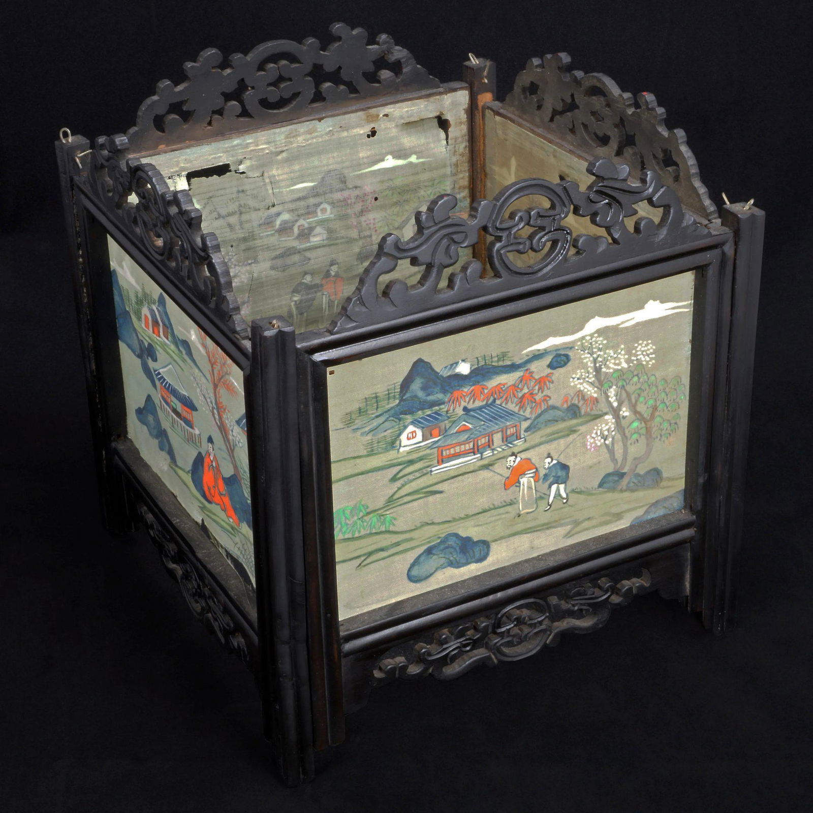 Chinese Wood and Painted Silk Lamp Surround/Shade 19th (1 of 8)