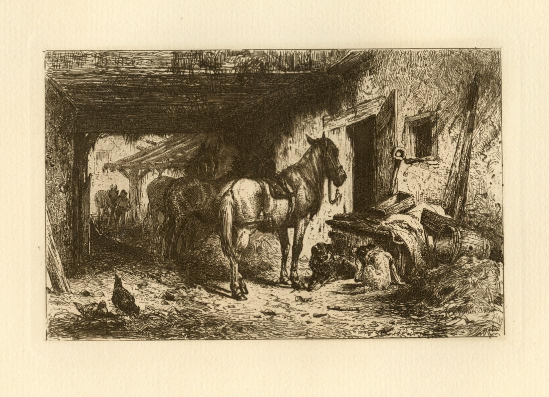 Peter Moran original etching "Noonday Rest": Medium: original etching. A nice impression on cream laid paper, published for the American Art Review in 1880; the American Art Review was a lavishly produced revue featuring original etchings by Mor