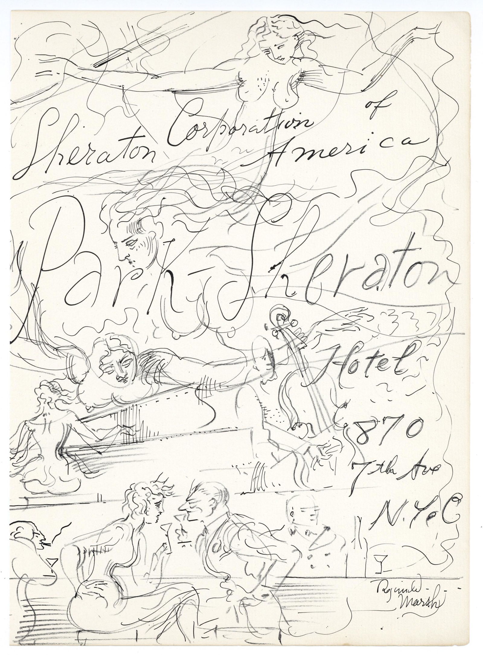 Reginald Marsh original lithograph: Medium: original lithograph. This lithograph was printed in 1953 for the "Improvisations" portfolio, published by the Artists Equity Association of New York on the occasion of the 1953 Spring Fantasia