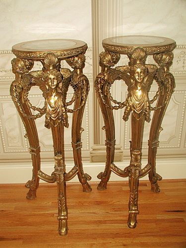 Exquisite Pair Pedestals Italian Gilt And Marble E: Pair of exquisite Italian ornate gilt pedestals from a multi-million dollar estate early 1900's. Off black with brown tones and cream veining in the round marble tops set into the gilt with a 2 inch g