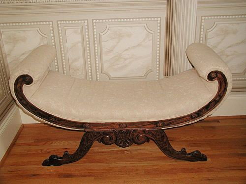 Mahogany Curled Bench Carved Italian Brocade C.188: Mahogany Italian curled frame bench C.1880-1895 has wonderful hand carvings of 9 rosettes along the upper frame. Distinctive shell and leaf carving on the center and curved legs,the feet almost resemb
