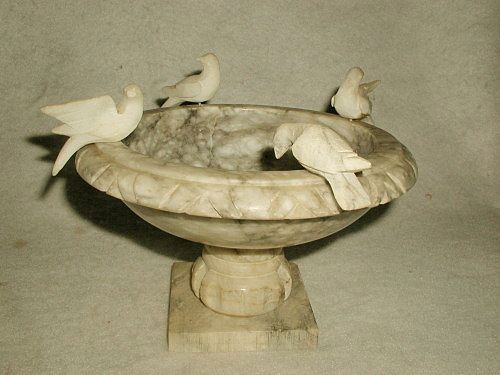 Alabaster Centerpiece Bowl Footed With Removable B: 20th century alabaster antique cream with gray veining footed bowl makes a wonderful centerpiece for the dining table filled with flowers. As attractive with decorative balls or potpourri on a chest o