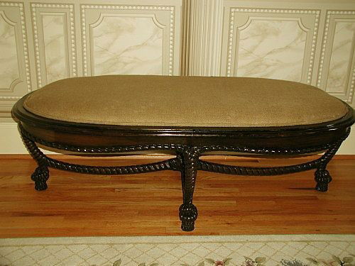 Empire Mahogany Bench Carved New Linen Upholstery: Large Empire deep rich mahogany bench,stool or coffee table from 19th century Italy is very masculine with thick twist rope style legs and cross bars. Wonderful for a coffee table as well. Feet are ca