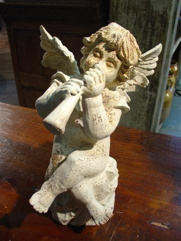 Painted Cast Iron Musical Cherub from France-Flute: Painted Cast Iron Musical Cherub from France-Flute. Scattered Rusting, very charming.