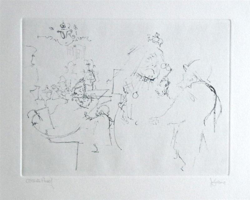 Jack Levine signed original etching "Victoria's Jubilee": Medium: original soft ground etching, signed in pencil and annotated "Artist's Proof". This etching was executed in 1967 for the "Dreigroschen Film" series, for the limited edition portfolio published