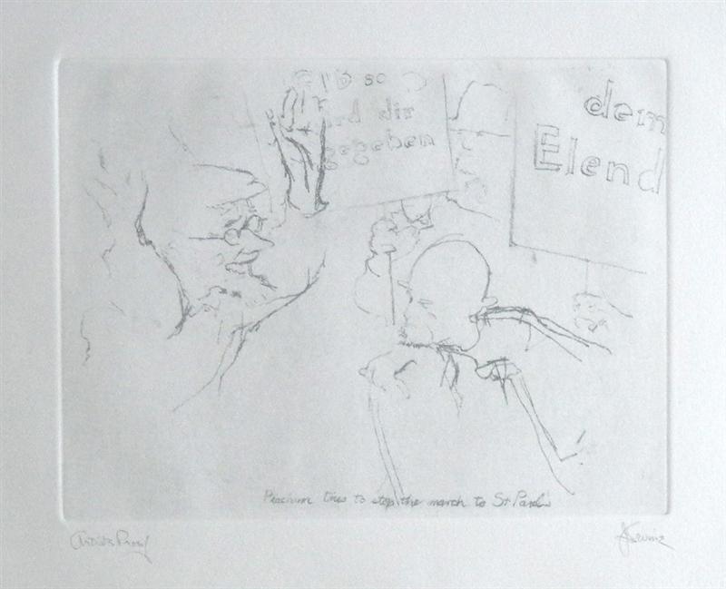 Jack Levine signed original etching "Peachum tries to stop the march to St. Paul's": Medium: original soft ground etching, signed in pencil and annotated "Artist's Proof". This etching was executed in 1967 for the "Dreigroschen Film" series, for the limited edition portfolio published