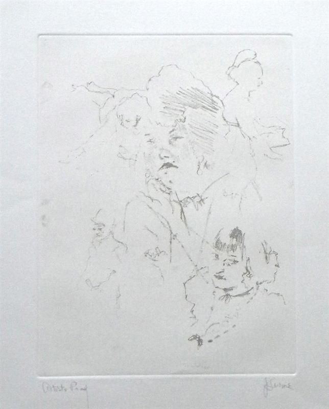 Jack Levine signed original etching "Tunbridge Girls with McHeath in Flight": Medium: original soft ground etching, signed in pencil and annotated "Artist's Proof". This etching was executed in 1967 for the "Dreigroschen Film" series, for the limited edition portfolio published