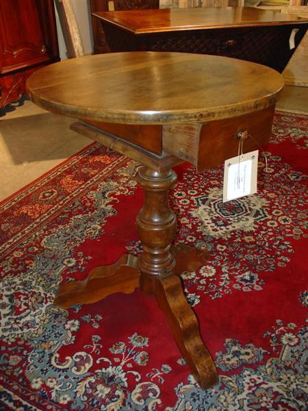 Round Antique Walnut Wood Table from France: Round Antique Walnut Wood Table from FranceH=31, Diameter=23 3/4A Small French Antique, Round, Walnut Wood Table with Central Baluster Shaped Pedestal on Tripod Feet - One Drawer Ð Good Antique Condi