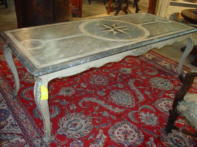 Antique French Painted Louis XV Style Dining Table: Antique French Painted Louis XV Style Dining Table with Faux Marble Top-1800'sGood antique condition Ð chipping and rubs to paint, commensurate with age Ð Late 1800Õs or OlderThis antique Louis XV