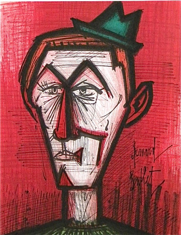 Bernard Buffet original lithograph "Clown on a Red: Medium: original lithograph. Printed in Paris in 1968 by the legendary Mourlot atelier. Sheet size: 12 1/4 x 9 1/2 inches (310 x 240 mm); with printed text on verso, as issued. Signed in the stone, no