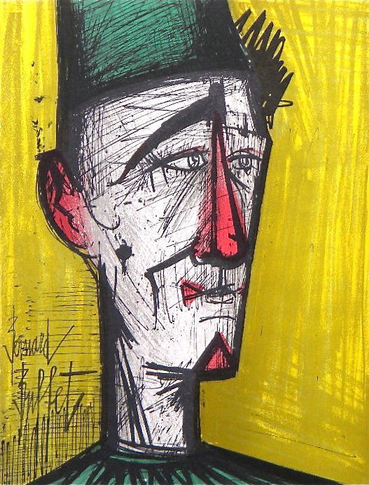 Bernard Buffet original lithograph "Jojo the Clown: Medium: original lithograph. Printed in Paris in 1968 by the legendary Mourlot atelier. Sheet size: 12 1/4 x 9 1/2 inches (310 x 240 mm); with printed text on verso, as issued. Signed in the stone, no