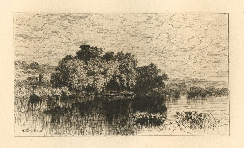 Albert Fitch Bellows original etching "Mill Pond At Win: Also called "July"; Medium: original etching. This impression was published in 1887 by Estes and Lauriat, Boston. Printed on laid paper. Size: 6 3/4 x 4 1/2 inches (plate) with good margins. Signed in