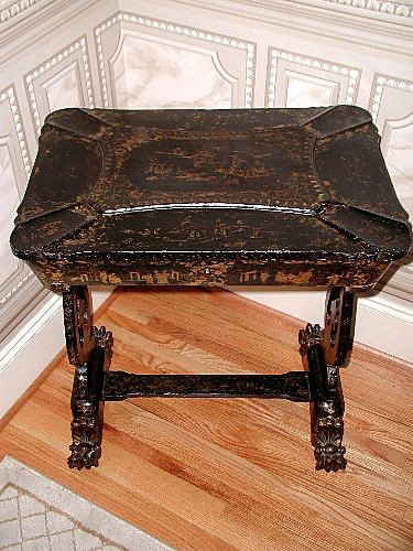 Chinoiserie Table Chest Sewing Complete C.1850: Gorgeous C.1850 chinoiserie sewing table or cabinet with gilt figures hand painted on legs,knees as well as upper cabinet with gilt figures hand painted on legs,knees as well as upper cabinet all side