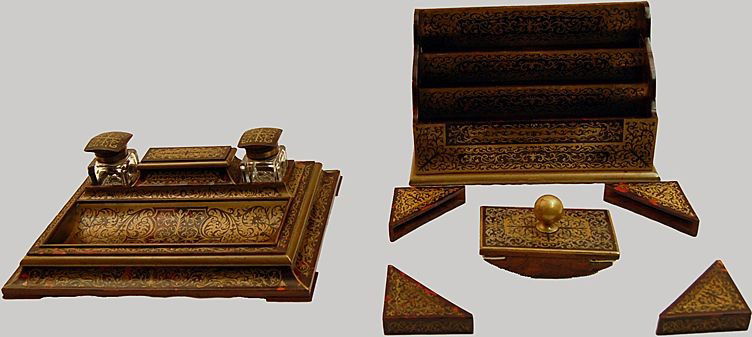 Desk Set French Boulle Rosewood Tortoise & Brass: Elaborate French Boulle Desk Set .This is real tortoise shell & Brass Inlay on rosewood, made in the 19th century. The set is very elaborate as you can see & consists of The large inkwell /stand The l