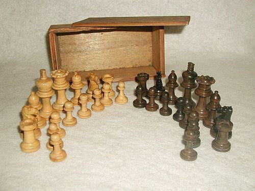 Scottish Chess Set Ebony Boxwood With Storage Box Hand : 32 piece 19th century Scottish chess set complete with hand made storage box which has a sliding top. The set is made of boxwood for the lighter chessmen and ebony for the darker. All in excellent con