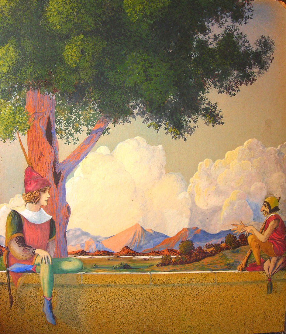 Old American Watercolor Original Art English Fairytale: Following the style of Maxfield Parrish Watercolor Art English Fairytale Artist: Style of Maxfield Frederick Parrish Year Early 20th Century Size: 13.5 x 16.5 inches / 35 x 42 cm (painting) Cou