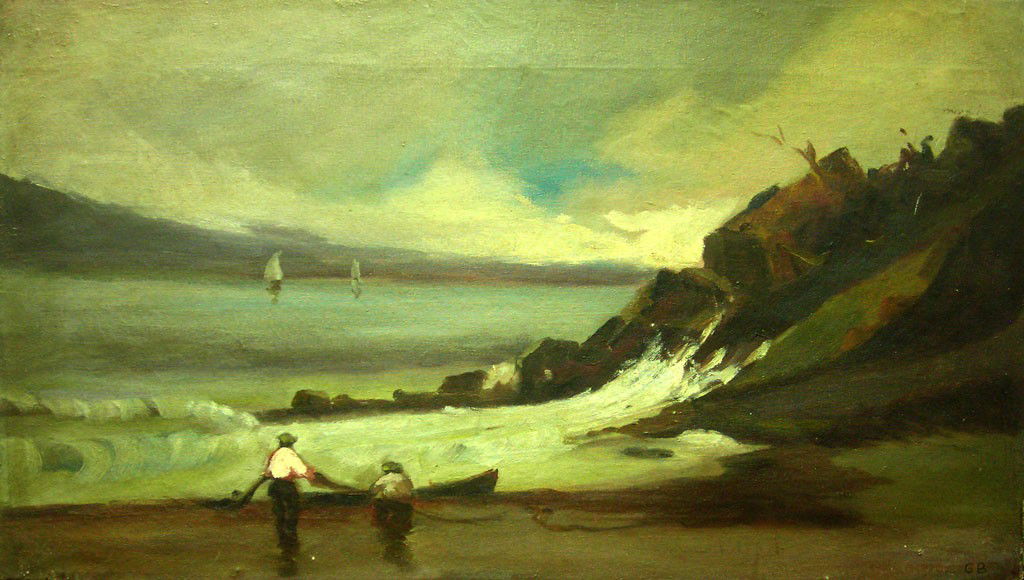 George Bellows Oil Painting Original Art Marine Listed: Year: Early 20th Century Origin: USA Category: Antique Oil PaintingThis is a magnificent oil painting attributed to the listed american artist Geroge Bellows signed with a monogram and depicting fis