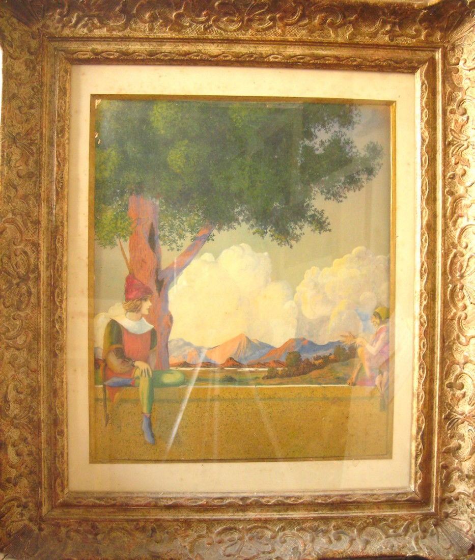 Old American Watercolor Original Art English Fairytale: Following the style of Maxfield Parrish Watercolor Art English Fairytale Artist: Style of Maxfield Frederick Parrish Year Early 20th Century Size: 13.5 x 16.5 inches / 35 x 42 cm (painting) Cou