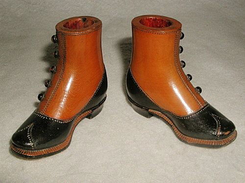Boot match holders Scotland early 1800's hand carved pa: Pair of highly detailed Scottish wooden boots in two tone black and camel hand made and carved from the very early 1800's. When wooden matches were invented,the Scottish made all types of unique decor
