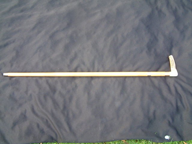 Antique walking cane with elk horn handle: Shipping inside United States: $40.00Shipping outside United States: Quoted at time of purchaseDescription: 20th. century walking cane with the handle made from elk horn. There are 2 gold, or gold pla