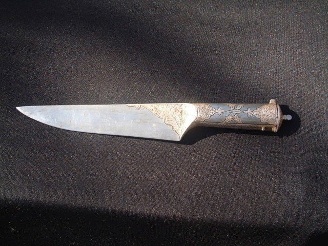 19th.-20th. century silver inlaid dagger with: Shipping inside United States: $20.00Shipping outside United States: Quoted at time of purchaseDescription: 19th.-20th. century Indian dagger with 2 side by side inner kard knives. The pommel, hilt an