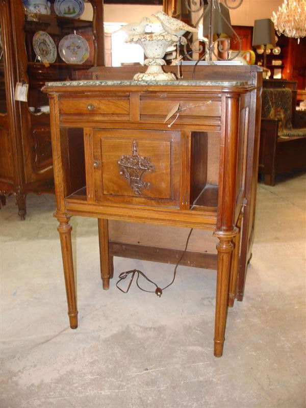 Louis XVI Style End Table: Louis XVI Style End TableH 35 W 25 D 16An Antique French Louis XVI Style Walnut Wood Two Drawer End Table with Inset Marble Top Ð Very Good Condition-Early to mid 1900sThis hard to find antique Frenc