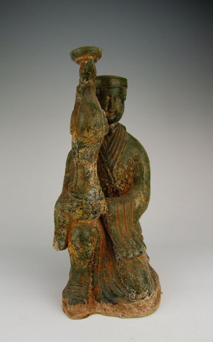 Han Dynasty Green Glaze Pottery Oil Lamp: Here is one Green Glaze Pottery Oil Lamp Height:18 inches, width:8.75 inches Weight : 8.7 lbs, Condition :good, Special terms for this item: 1. item be damaged during transportation, we strongly encou